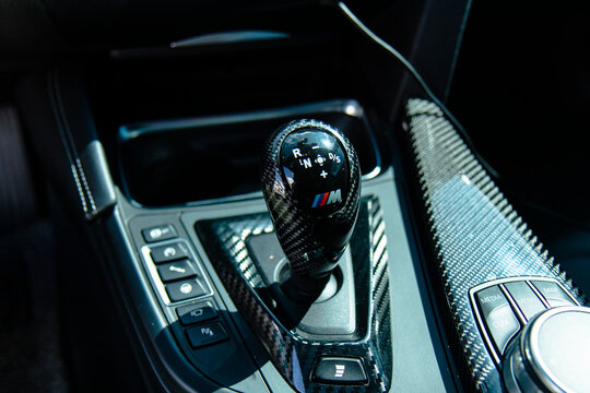 August 23, 2020, Seoul, South Korea - The automatic gear selector knob of a BMW M4 with carbon fiber interior trim.