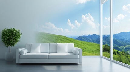 Modern living room with white sofa, potted plant, and expansive window showcasing a scenic mountain landscape