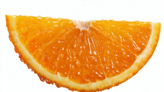 Fresh orange slice in extreme close-up, realistic photographic style, isolated on white background. Concept of healthy fruit and freshness