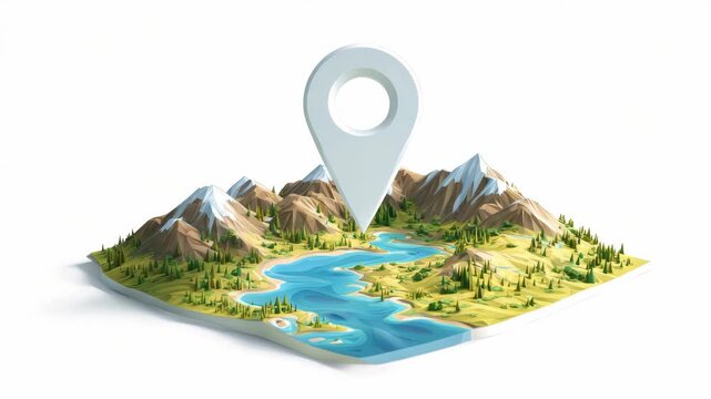 A stylized topographic map with mountains, river, and trees featuring a large location pin on white background, representing navigation concept