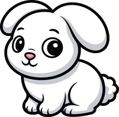 Cute cartoon white bunny rabbit with big eyes and fluffy tail sitting