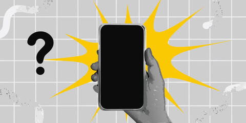 A hand holds a black smartphone with a question mark and sunburst design