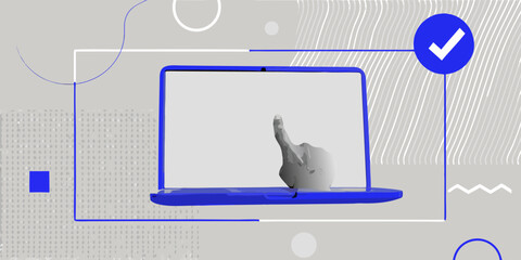 A hand interacting with a laptop screen digital interface and coding elements