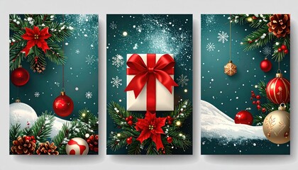 Elegant Christmas Triptych Festive Decorations Pine Branches Ornaments and Gift.