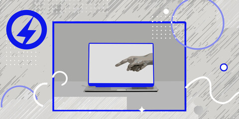 A hand interacting with a laptop screen showcasing digital connectivity and interface