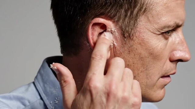 Close-Up Of Man Ear Infection Ear Pain Discomfort And Hearing Issue in Slow Motion