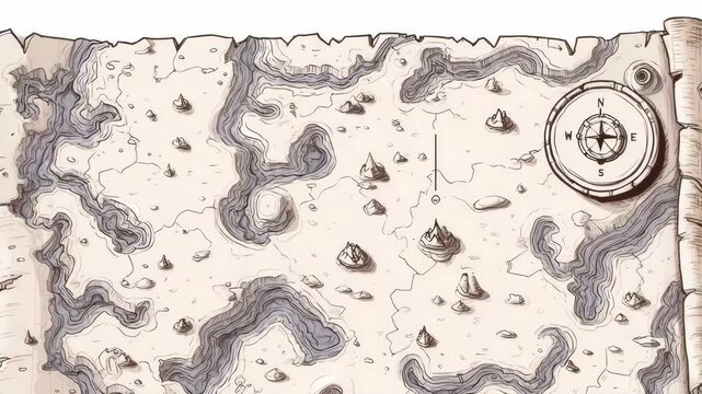 Old fantasy map on aged parchment showing rivers, mountains, and compass, hand-drawn style, symbolizing exploration and adventure