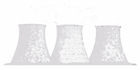 Three cooling towers stand against a plain white background depicted in a stylized design