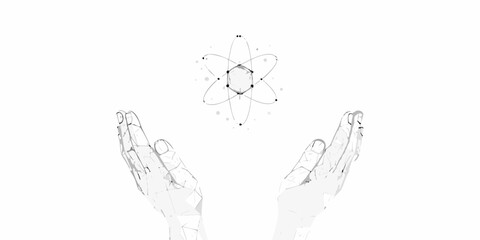 Hands holding a glowing geometric structure resembling an atom or molecule