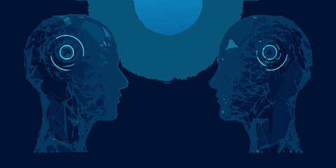 Two robotic heads facing each other with glowing circular elements in darkness