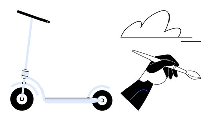 Creativity, transportation, design, minimalist art, mobility, artistic expression. A hand holding a brush beside a scooter and a cloud. Creativity and transportation concept