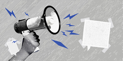 A hand holding a megaphone with paper and lightning bolts around it