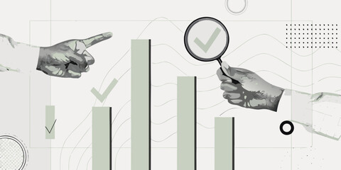 Analyzing data and progress with a magnifying glass and charts