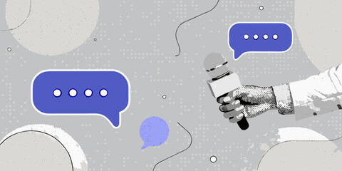 Interview in progress a hand holds a microphone with speech bubbles around