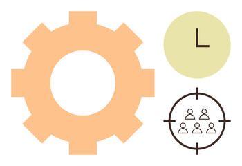 Gear, clock, and target with people icons highlight teamwork, time use, goal setting, leadership, efficiency, productivity, and business strategies as a simple flat metaphor
