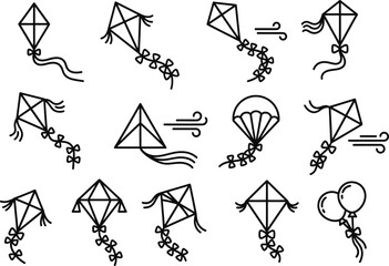 Black outlines neat icons of neat kite balloon wind tail fly fun set