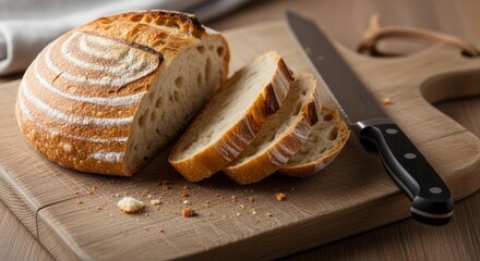 Freshly baked artisan bread on wooden cutting board with knife for bakery or kitchen decor