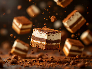 AI-images of Five square tiramisu pieces suspended mid air with cocoa powder particles scattered around. Each piece shows distinct layers of mascarpone, coffee soaked ladyfingers, and cocoa topping.