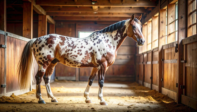 Appaloosa horse standing in a barn. AI