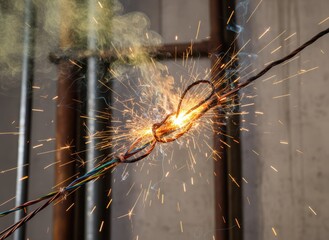 Sparks Flying from a Frayed Electrical Wire During Short Circuit Incident