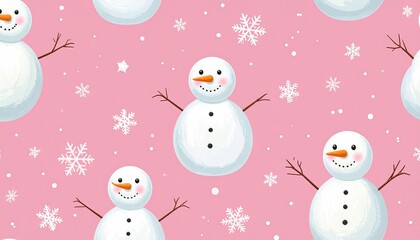 Cute cartoon snowmen and snowflakes seamless pattern for winter holidays.