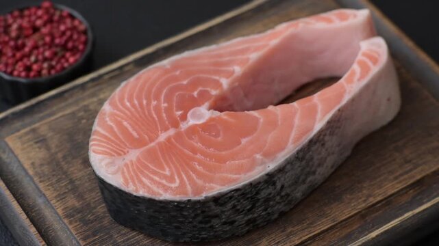 Fish, raw salmon steak, fresh seafood for grilling with salt, spices, and herbs. Raw salmon steak as a food background for your design.