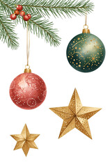 Christmas Balls and Stars Watercolor Holiday Elements Transparent &ndash; AI Generated Effects 