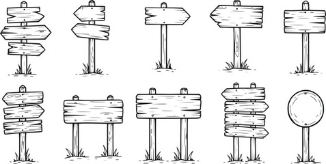 A set of hand-drawn rustic wooden signposts and direction signs, isolated on a transparent background. © Prosun Design