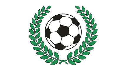 Obraz premium Black and white vector illustration of a soccer ball with a laurel wreath and green leaves, symbolizing competition, sport, and the game