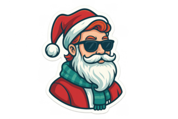 Cool santa claus wearing sunglasses and plaid scarf, a modern christmas hipster character sticker design
