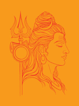 Serene Profile Illustration of Lord Shiva Meditating, Featuring His Trident, Crescent Moon, and Third Eye