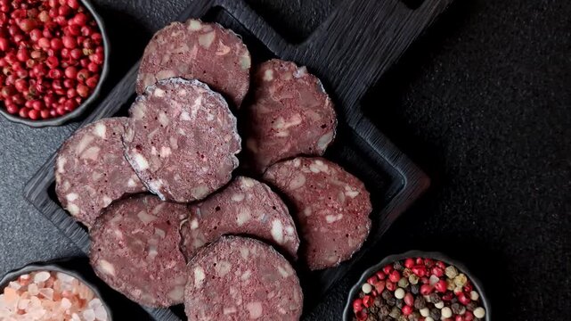 Black blood pudding, grilled pork sausage cooked for dinner. Blood pudding as a food background for your design