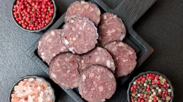 Black blood pudding, grilled pork sausage cooked for dinner. Blood pudding as a food background for your design