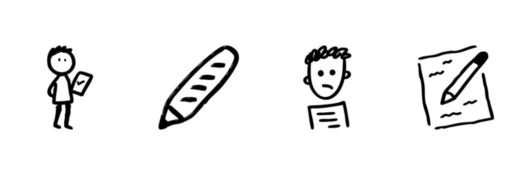 Stick Figure Writing And Reading Line Icon Set In Doodle Style. Education, Note-Taking, And Document Review Outline Sketch Collection. Hand Drawn Isolated Vector Illustration