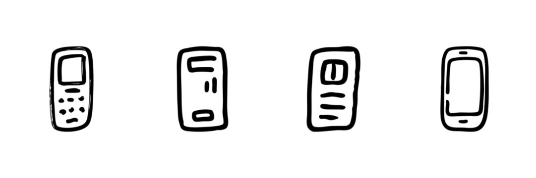 Mobile Phone Evolution Line Icon Set In Doodle Style. Communication Technology Progression Outline Sketch Collection. Hand Drawn Isolated Vector Illustration