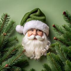 Santa Claus Portrait with Green Hat Framed by Fir Branches