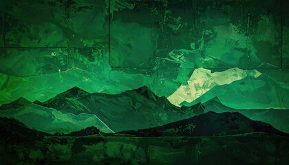 Abstract geometric mountain range rendered in deep emerald green hues.