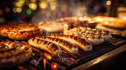 delicious german sausages grilling at christmas market in germany