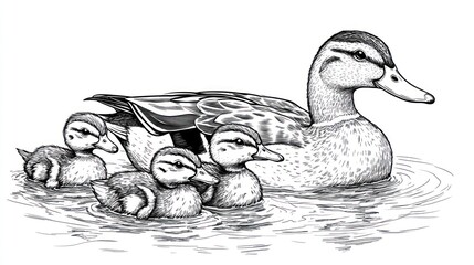 Mother duck and three ducklings swimming peacefully in water.  Detailed pen-and-ink style