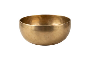 A solitary, gleaming brass singing bowl rests in isolation against a stark white backdrop, evoking a sense of tranquility and mindfulness