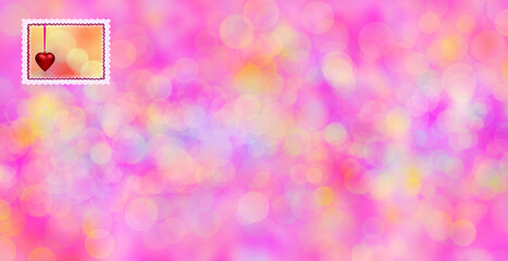 Poczt&oacute;wka walentynkowa - znaczek pocztowy z sercem na tle r&oacute;żowych i purpurowych rozmyć świateł typu bokeh