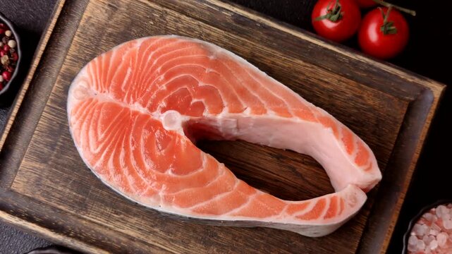 Fish, raw salmon steak, fresh seafood for grilling with salt, spices, and herbs. Raw salmon steak as a food background for your design.