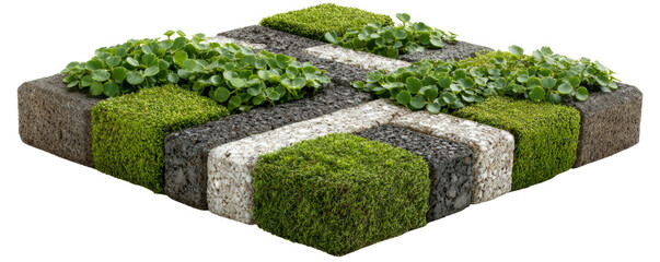 a concrete paver with grass joint pattern clipart, sleek garden design, A vibrant, lush patchwork of green moss and grass contrasts with textured earth, adding a natural touch to any landscape.