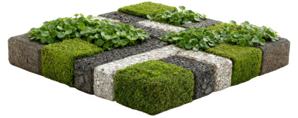 a concrete paver with grass joint pattern clipart, sleek garden design, A vibrant, lush patchwork of green moss and grass contrasts with textured earth, adding a natural touch to any landscape.