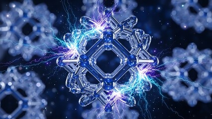 futuristic molecular structure background with glowing blue nodes and electric energy.