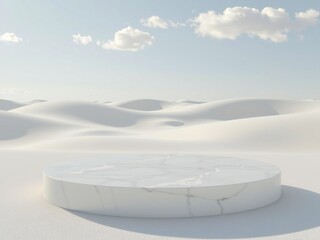 Minimalist white podium on a soft sand dune landscape under a cloudy sky