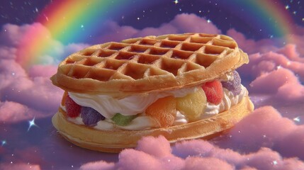 waffle delight dreamy cloudscape food photography nighttime aesthetic rainbow background