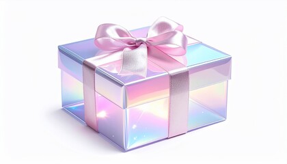 Obraz premium Iridescent gift box tied with a satin ribbon on a white background, studio shot