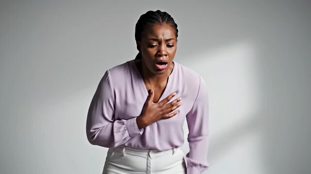 Expressive Woman Showing Chest Pain and Discomfort in Studio Setting