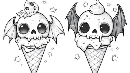 Cute, spooky ice cream skulls on cones.  Two kawaii skull ice cream cones.  One has bat wings, the other a crescent moon.  Each has googly eyes and dripping ice cream